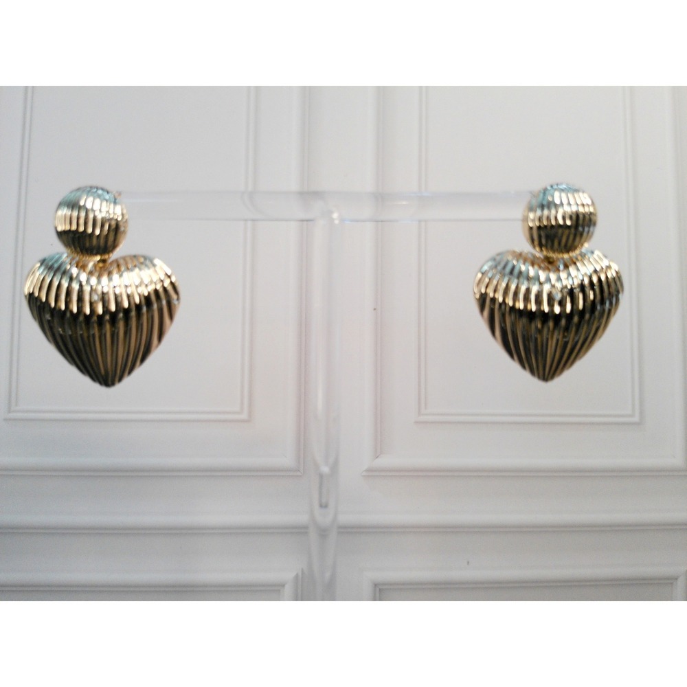 Gold Tone Textured Heart Drop Earrings Dangle Shiny Statement Fashion Jewelry